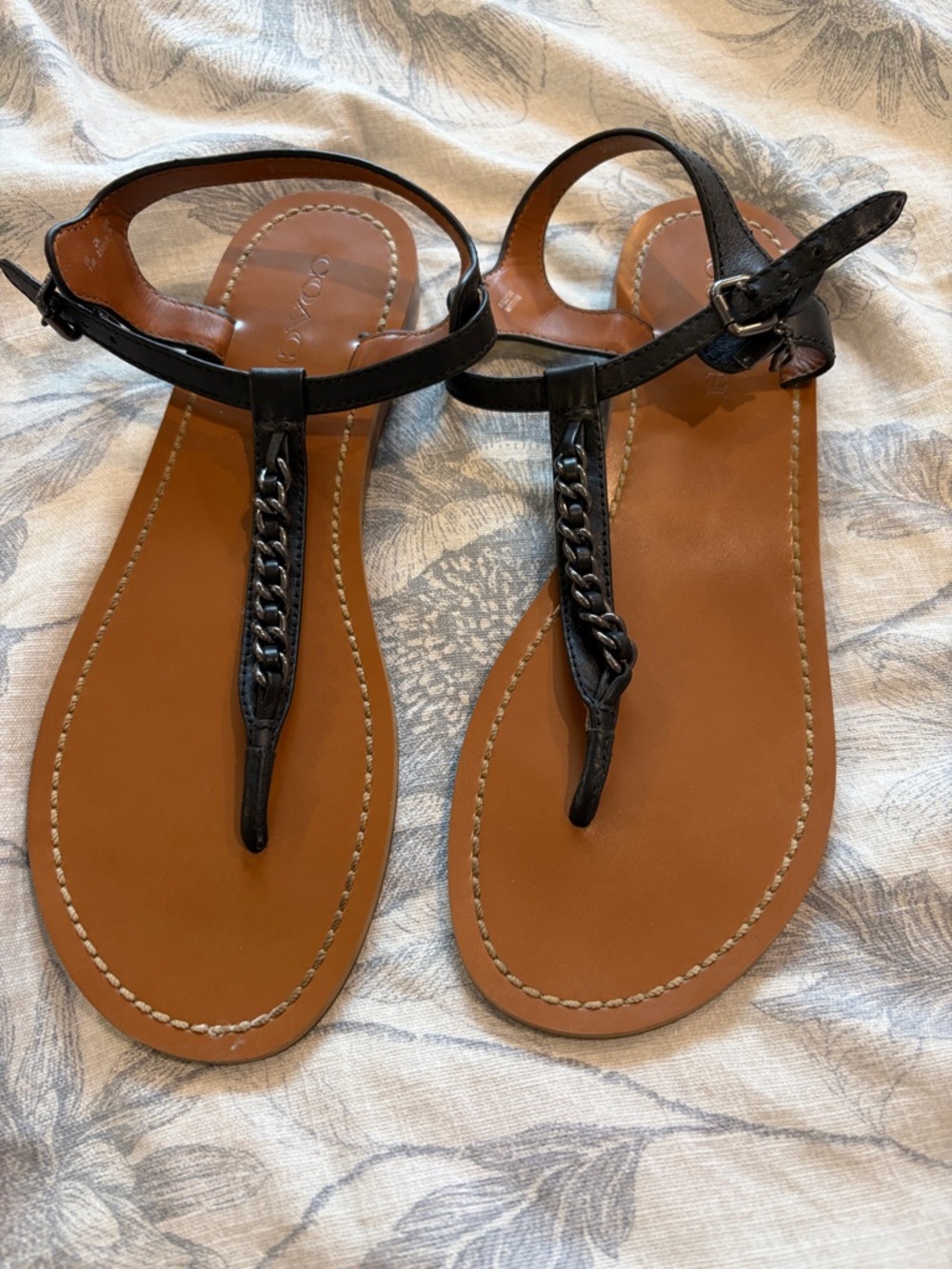 Coach Black Leather T-Strap Sandals with Chain Detail